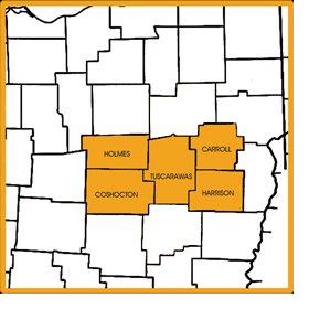 Map of Ohio counties served: Carroll, Coshocton, Harrison, Holmes, and Tuscarawas